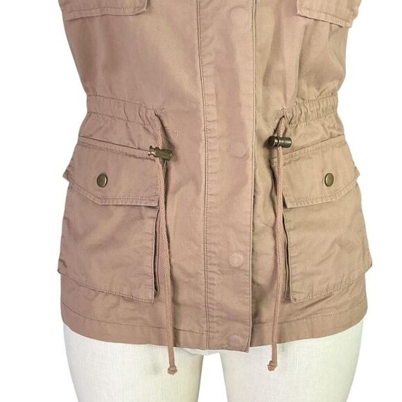 Love Tree Utility Vest Womens L Brown Cotton Cargo Pockets Snaps Hood Sleeveless - Picture 4 of 8